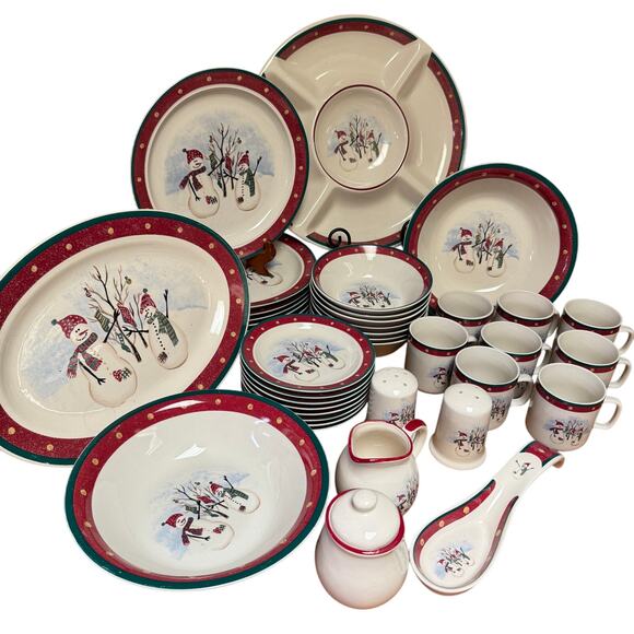 Royal Season Cream and Sugar Set Stoneware Snowman Winter Christmas Dishes - Picture 4 of 7